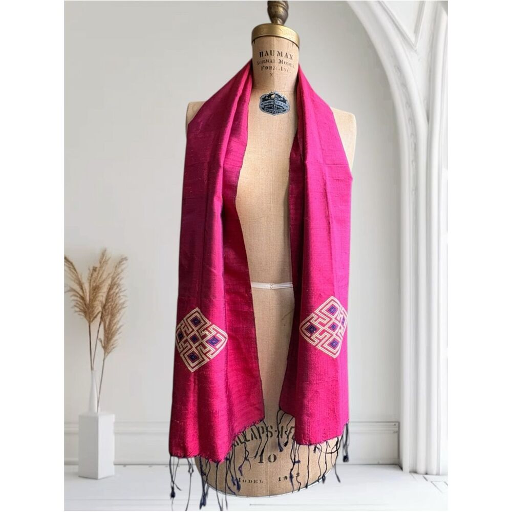 Vintage Indian Silk Scarf Hand Embroidered Magenta Tassel Fringe 60”